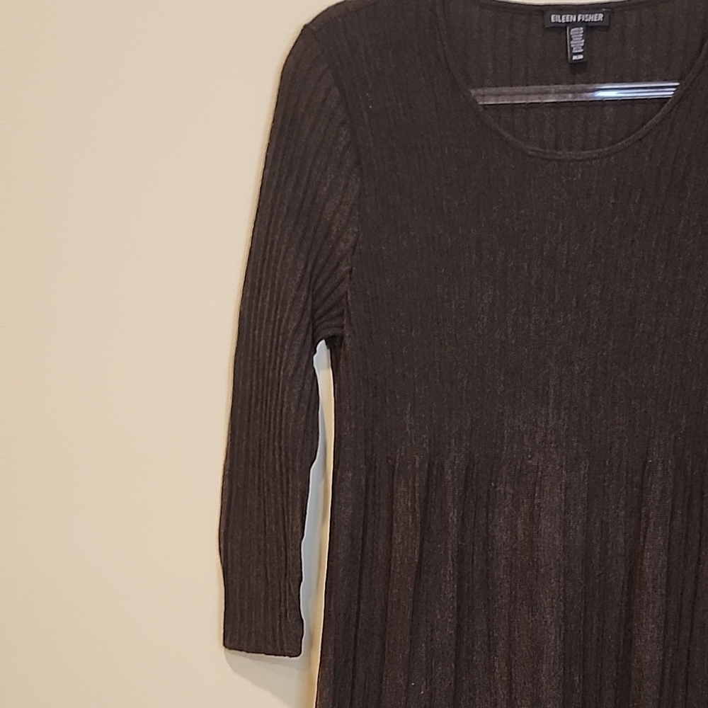 Eileen Fisher Dark Brown Wool Pleated  Scoop-Neck Long-Sleeve Dress - Picture 5 of 10